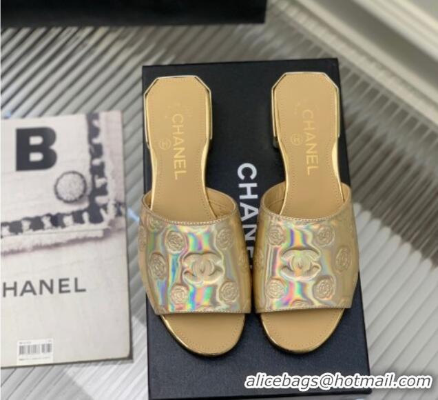 Charming Chanel Camellia Embossed Calfskin Slide Sandals Gold 122810