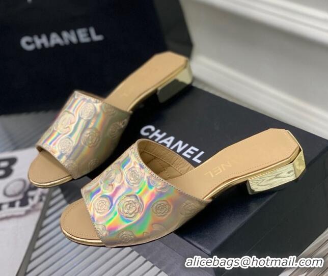 Charming Chanel Camellia Embossed Calfskin Slide Sandals Gold 122810