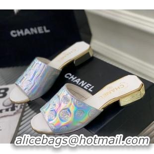 Classic Hot Chanel Camellia Embossed Calfskin Slide Sandals Silver 122811