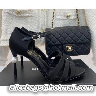 Purchase Chanel Silk High Heel Sandals 8.5cm with Pearl Black 122816