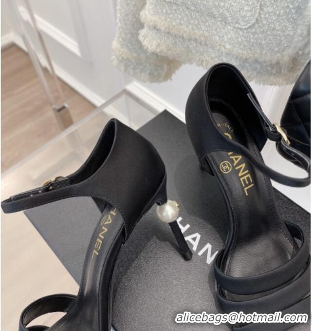 Purchase Chanel Silk High Heel Sandals 8.5cm with Pearl Black 122816