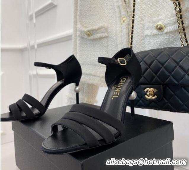 Purchase Chanel Silk High Heel Sandals 8.5cm with Pearl Black 122816