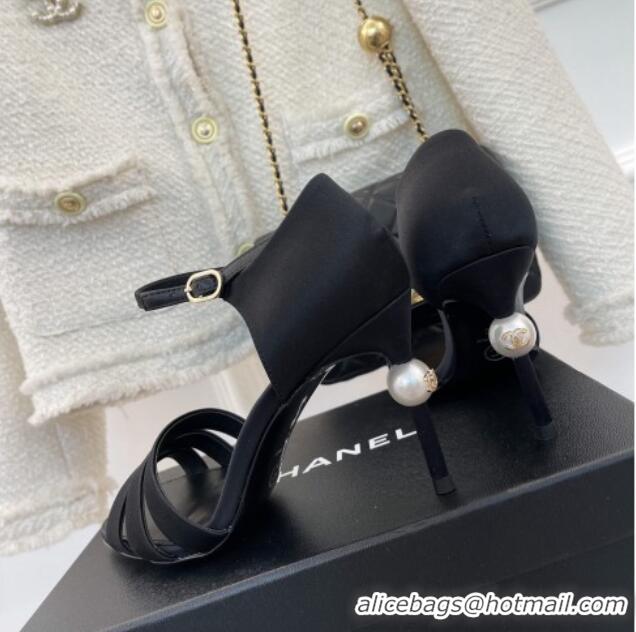 Purchase Chanel Silk High Heel Sandals 8.5cm with Pearl Black 122816