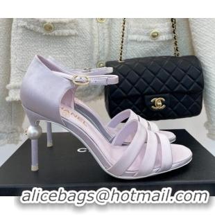 Luxury Chanel Silk High Heel Sandals 8.5cm with Pearl Light Purple 122817