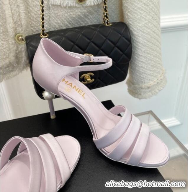 Luxury Chanel Silk High Heel Sandals 8.5cm with Pearl Light Purple 122817