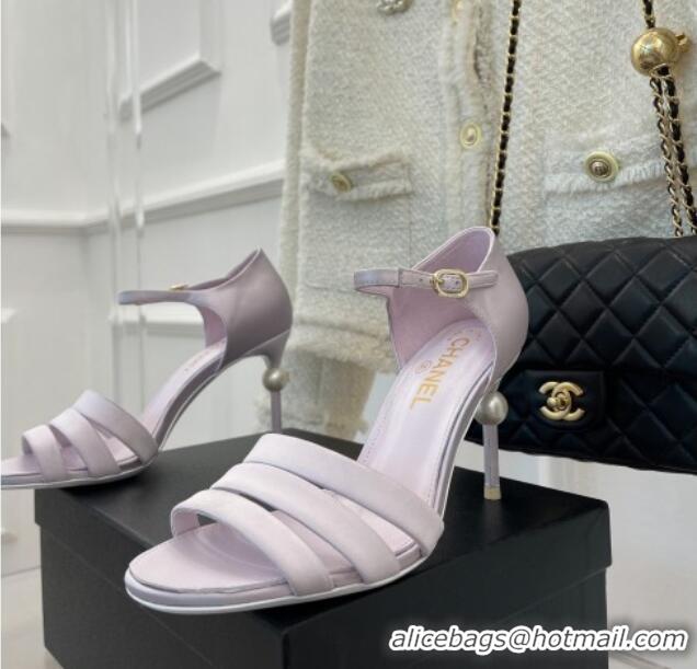 Luxury Chanel Silk High Heel Sandals 8.5cm with Pearl Light Purple 122817