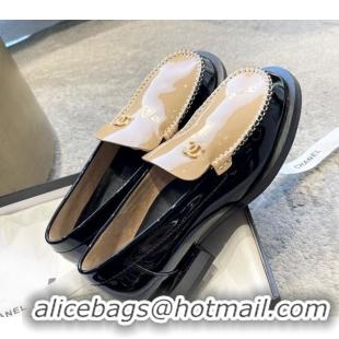 Pretty Style Chanel Patent Leather Loafers with Pearl CC Beige/Black 122821