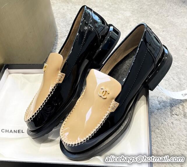 Pretty Style Chanel Patent Leather Loafers with Pearl CC Beige/Black 122821