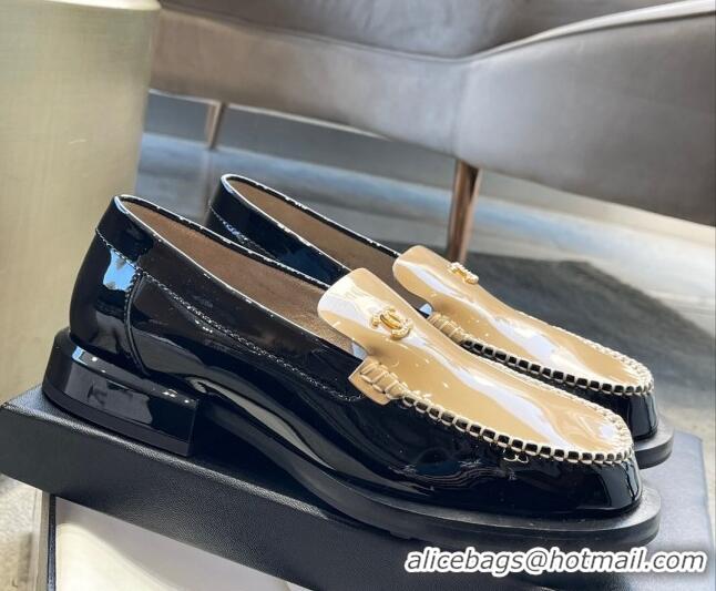 Pretty Style Chanel Patent Leather Loafers with Pearl CC Beige/Black 122821