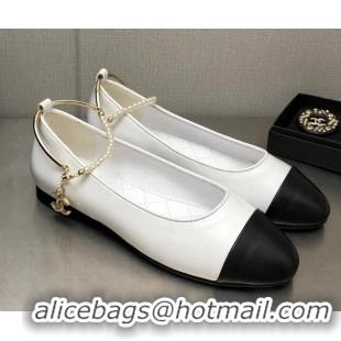 Top Design Chanel Shiny Lambskin Ballerinas with Pearls G38986 White