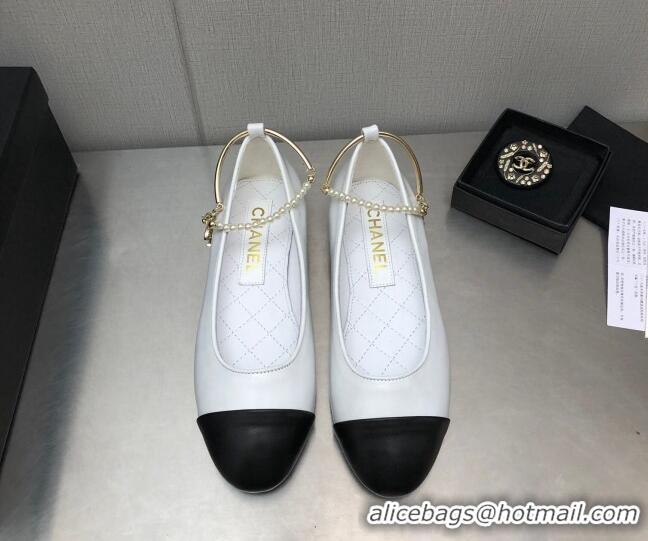 Top Design Chanel Shiny Lambskin Ballerinas with Pearls G38986 White