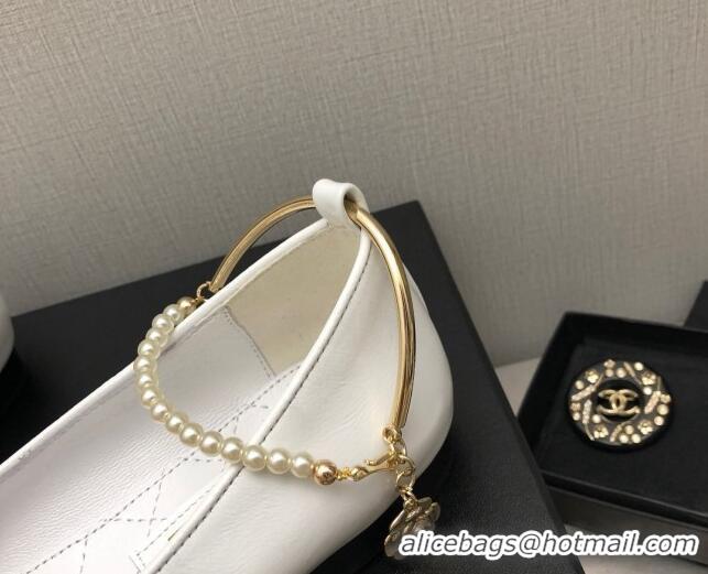 Top Design Chanel Shiny Lambskin Ballerinas with Pearls G38986 White