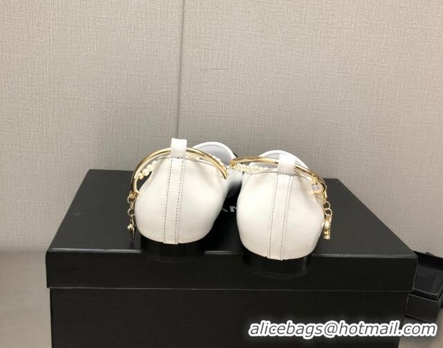 Top Design Chanel Shiny Lambskin Ballerinas with Pearls G38986 White