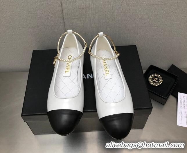 Top Design Chanel Shiny Lambskin Ballerinas with Pearls G38986 White