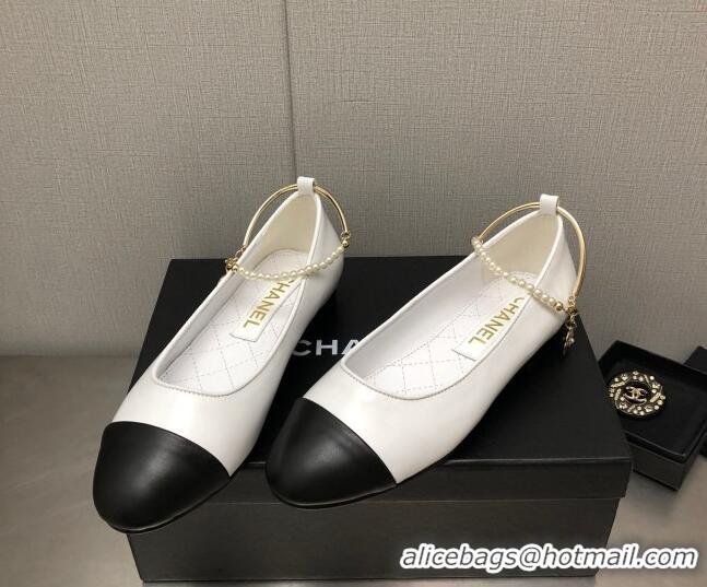 Top Design Chanel Shiny Lambskin Ballerinas with Pearls G38986 White