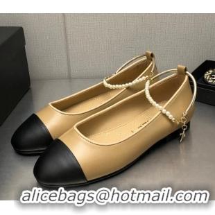 Shop Duplicate Chanel Shiny Lambskin Ballerinas with Pearls G38986 Beige