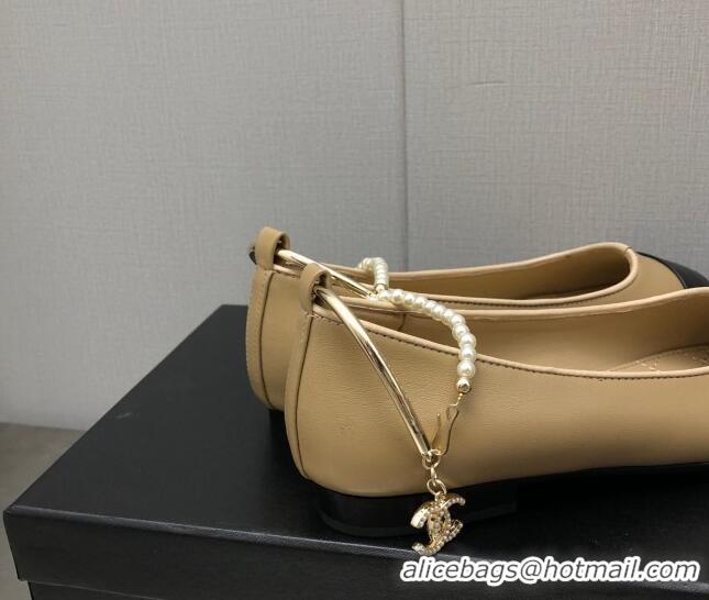 Shop Duplicate Chanel Shiny Lambskin Ballerinas with Pearls G38986 Beige