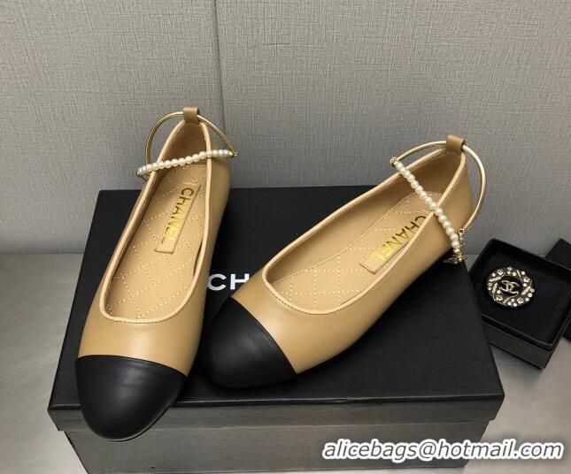 Shop Duplicate Chanel Shiny Lambskin Ballerinas with Pearls G38986 Beige