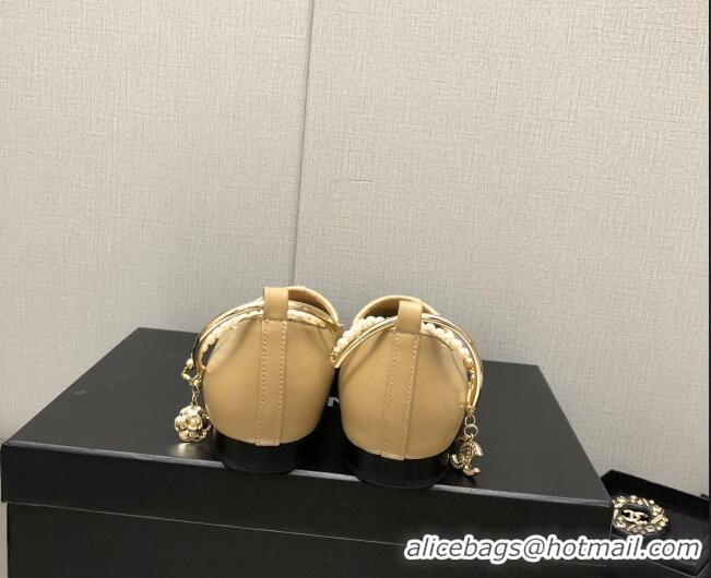 Shop Duplicate Chanel Shiny Lambskin Ballerinas with Pearls G38986 Beige