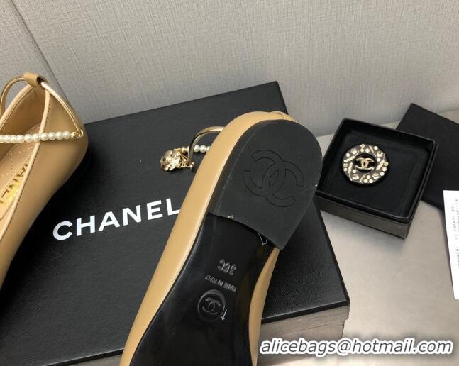 Shop Duplicate Chanel Shiny Lambskin Ballerinas with Pearls G38986 Beige