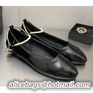 Best Product Chanel Shiny Lambskin Ballerinas with Pearls G38986 Black