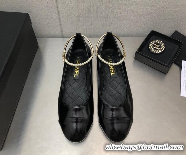 Best Product Chanel Shiny Lambskin Ballerinas with Pearls G38986 Black