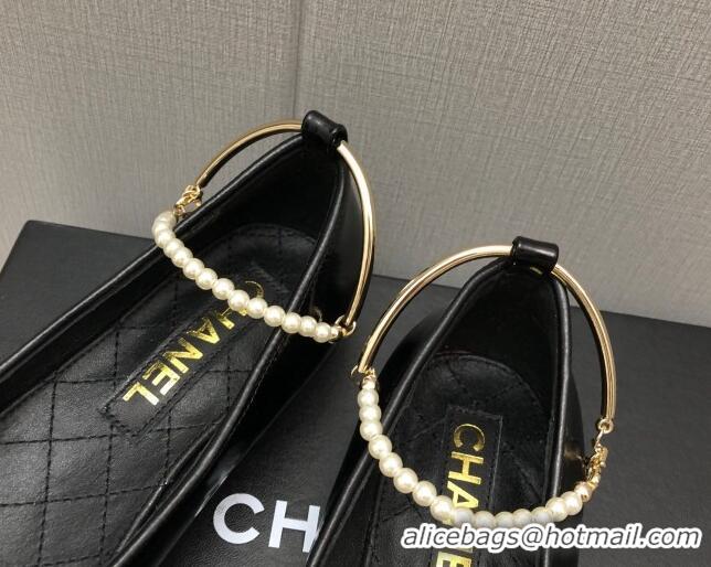 Best Product Chanel Shiny Lambskin Ballerinas with Pearls G38986 Black