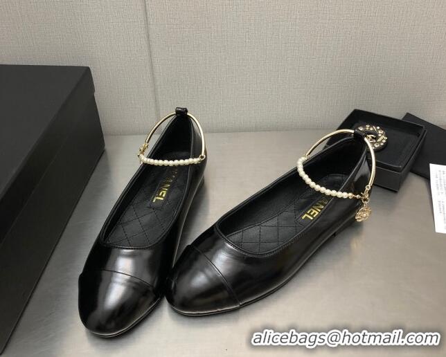 Best Product Chanel Shiny Lambskin Ballerinas with Pearls G38986 Black