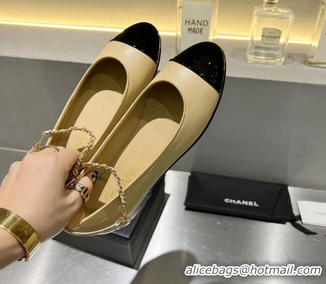 Good Quality Chanel Lambskin and Patent Leather Ballerinas with Chain G38986 Beige