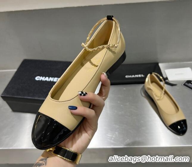 Good Quality Chanel Lambskin and Patent Leather Ballerinas with Chain G38986 Beige