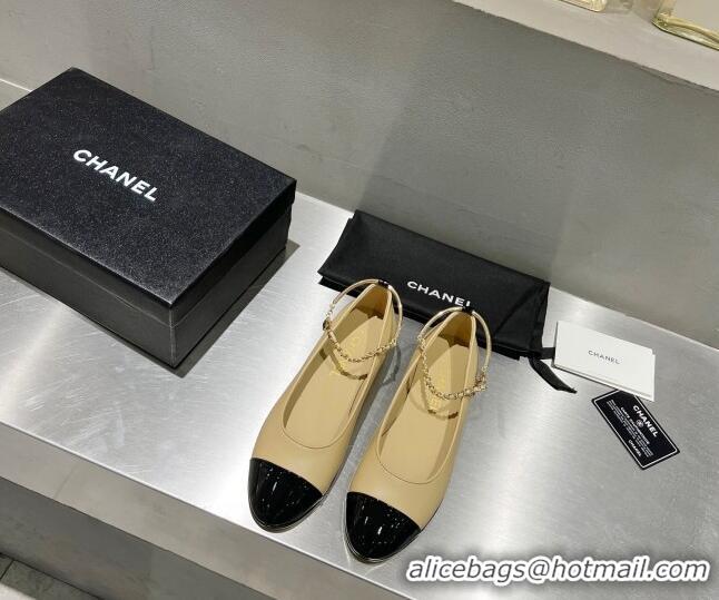 Good Quality Chanel Lambskin and Patent Leather Ballerinas with Chain G38986 Beige