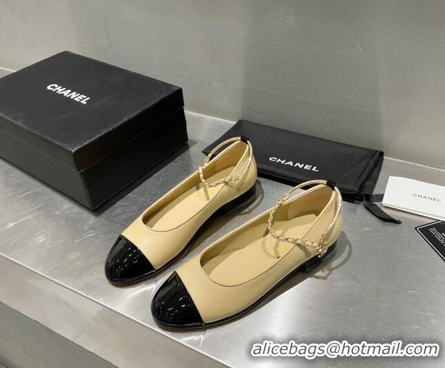 Good Quality Chanel Lambskin and Patent Leather Ballerinas with Chain G38986 Beige