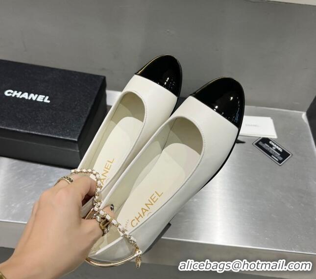 Charming Chanel Lambskin and Patent Leather Ballerinas with Chain G38986 White