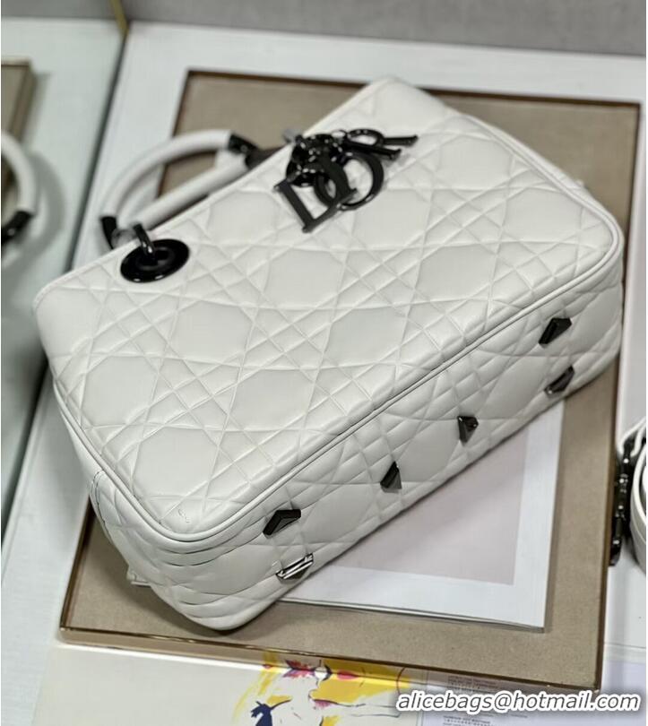 Most Popular LADY DIOR TOP HANDLE MEDIUM BAG Latte Cannage Lambskin C9226 WHITE&BLACK