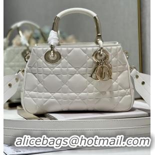 Super Quality LADY DIOR TOP HANDLE MEDIUM BAG Latte Cannage Lambskin C9227 WHITE&GOLD