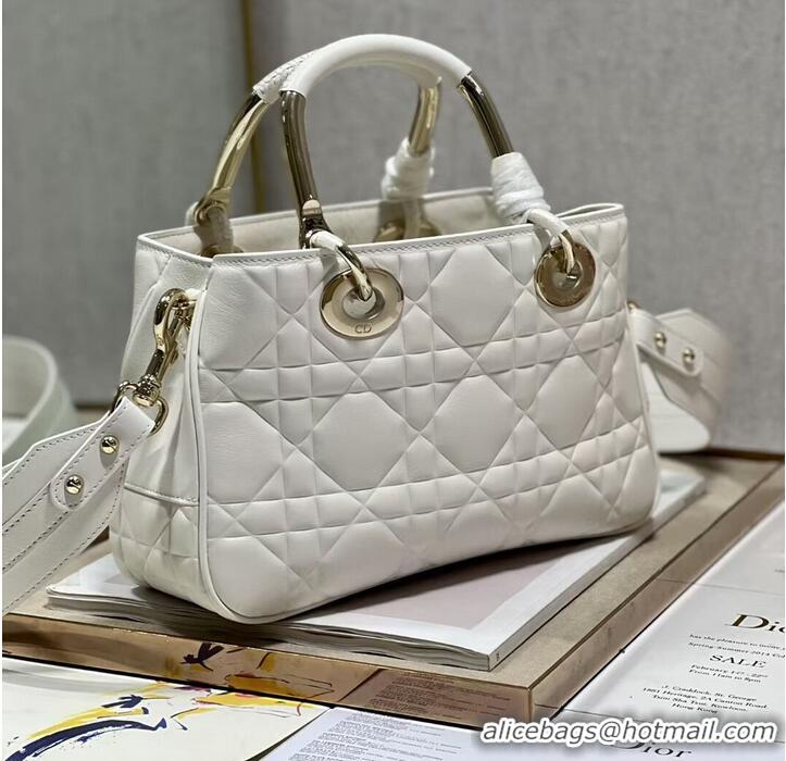 Super Quality LADY DIOR TOP HANDLE MEDIUM BAG Latte Cannage Lambskin C9227 WHITE&GOLD