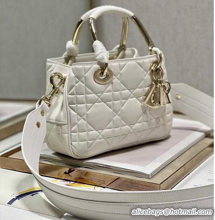 Well Crafted LADY DIOR TOP HANDLE SMALL BAG Latte Cannage Lambskin C9228 WHITE&GOLD