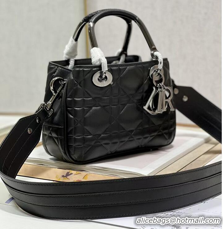 Luxurious LADY DIOR TOP HANDLE SMALL BAG Latte Cannage Lambskin C9228 BLACK&BLACK