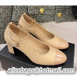 Good Quality Chanel Lambskin and Patent Leather Pumps with Chain Beige 122832