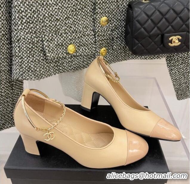 Good Quality Chanel Lambskin and Patent Leather Pumps with Chain Beige 122832