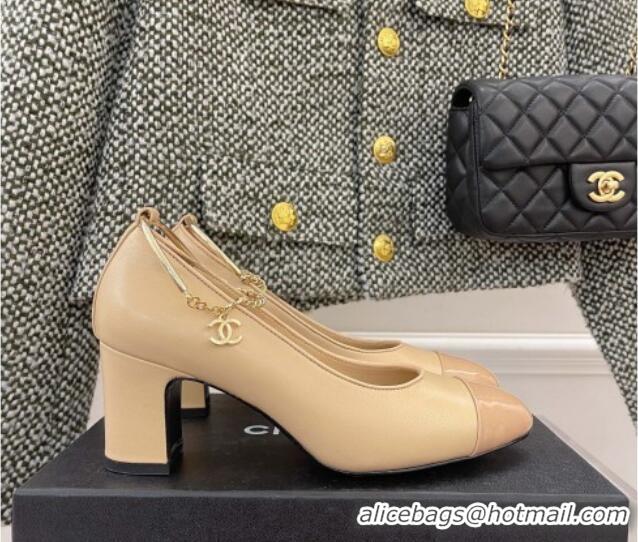 Good Quality Chanel Lambskin and Patent Leather Pumps with Chain Beige 122832