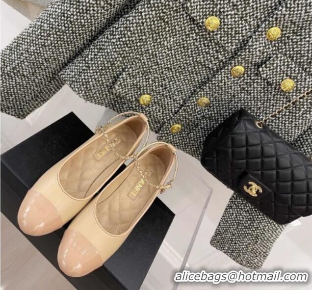 Good Quality Chanel Lambskin and Patent Leather Pumps with Chain Beige 122832