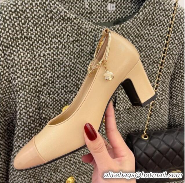 Good Quality Chanel Lambskin and Patent Leather Pumps with Chain Beige 122832