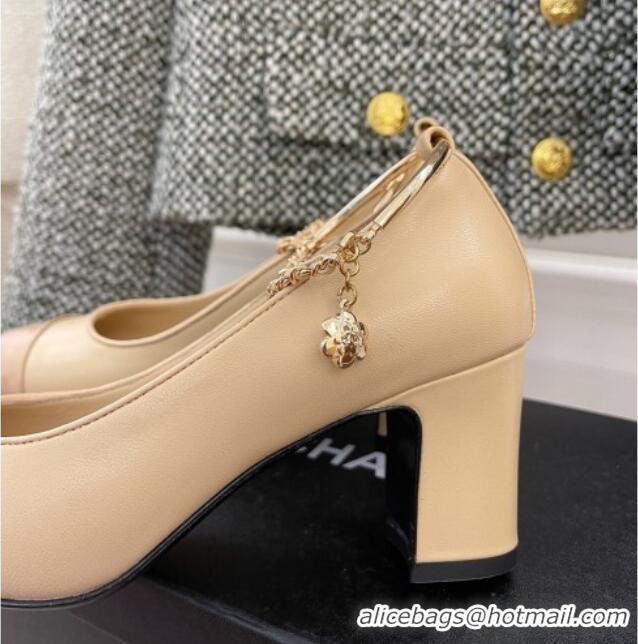 Good Quality Chanel Lambskin and Patent Leather Pumps with Chain Beige 122832