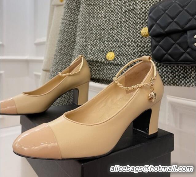 Good Quality Chanel Lambskin and Patent Leather Pumps with Chain Beige 122832