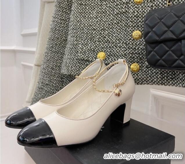 Good Quality Chanel Lambskin and Patent Leather Pumps with Chain Beige 122832