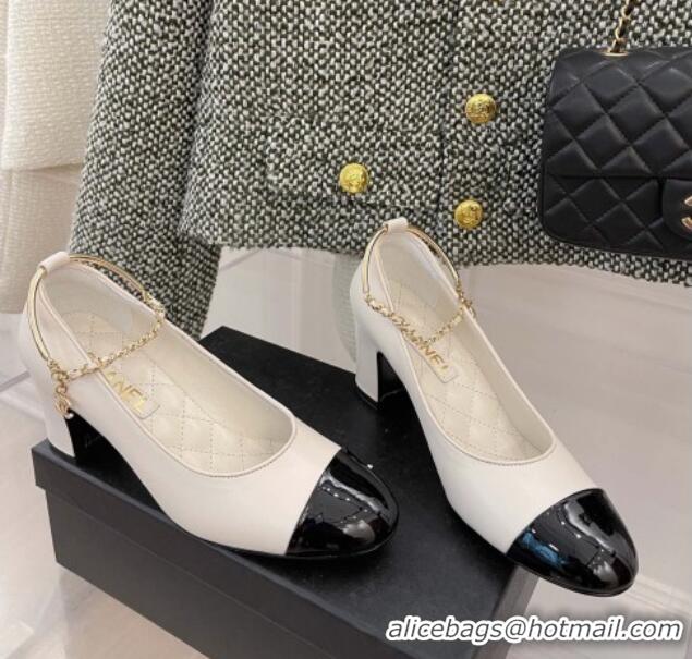 Good Quality Chanel Lambskin and Patent Leather Pumps with Chain Beige 122832