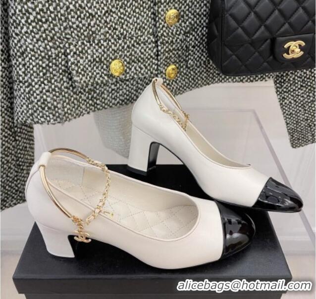 Good Quality Chanel Lambskin and Patent Leather Pumps with Chain Beige 122832