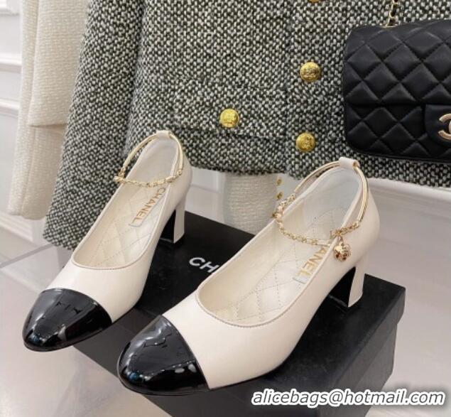 Good Quality Chanel Lambskin and Patent Leather Pumps with Chain Beige 122832