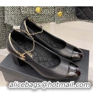 Sumptuous Chanel Lambskin and Patent Leather Pumps with Chain Black 122834